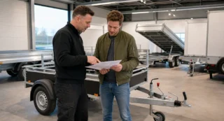Verkoper en klant bekijken aanhangwagen specificaties op papier in een showroom vol trailers.