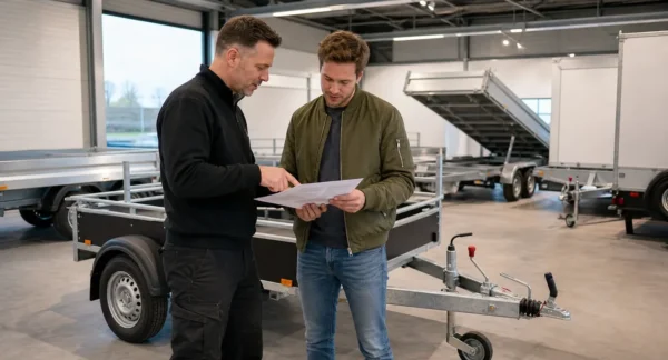 Verkoper en klant bekijken aanhangwagen specificaties op papier in een showroom vol trailers.