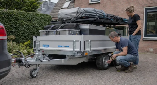 Man controleert bandenspanning van beladen aanhanger voor vertrek, vrouw staat ernaast.