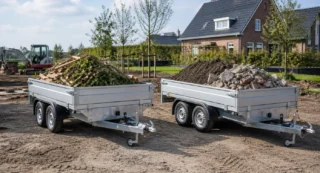 Twee Anssems kipperaanhangers naast elkaar op een bouwterrein: links met groenafval, rechts met puin en stenen.