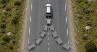 Auto met aanhanger die slingert over de weg, gezien van bovenaf, met meerdere posities die de zijwaartse beweging tonen.