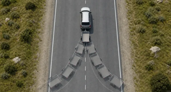 Auto met aanhanger die slingert over de weg, gezien van bovenaf, met meerdere posities die de zijwaartse beweging tonen.